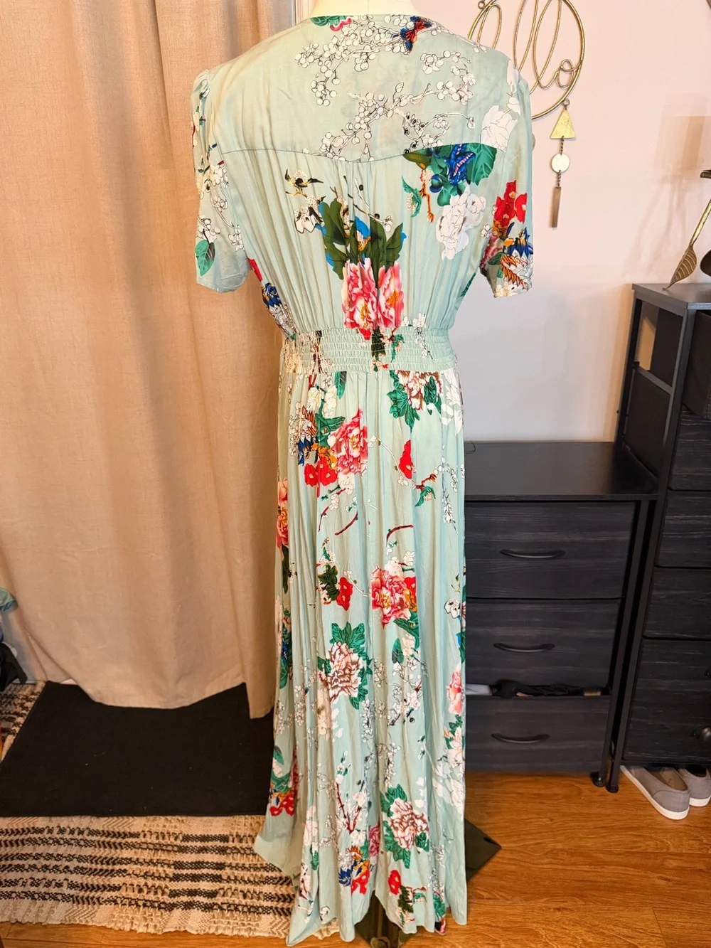 SHEIN Mint Green Floral Maxi Dress with Tie Waist